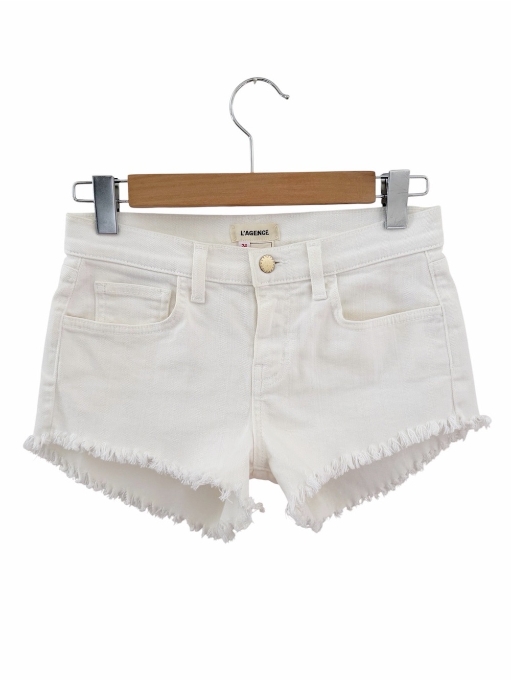 L'AGENCE White Denim Frayed Hem Shorts
